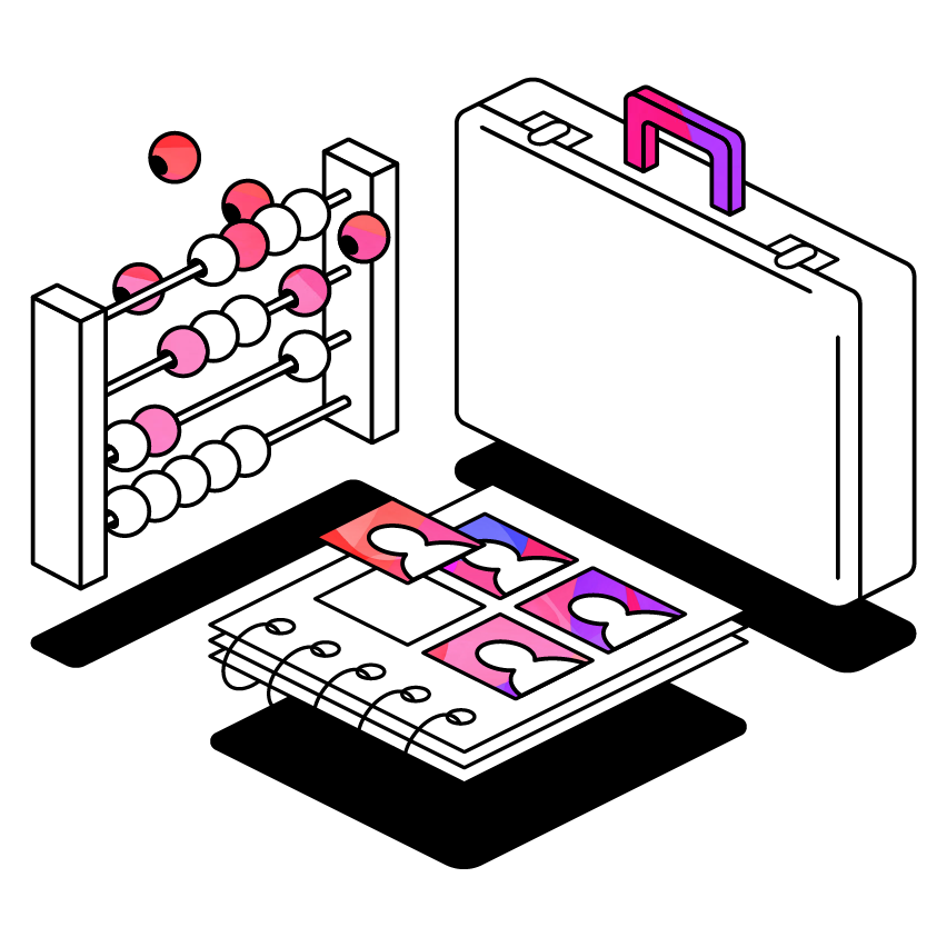 Abacus, briefcase and photo album