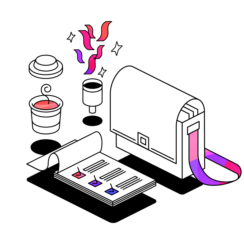 Illustrated satchel, coffee cups and notepad