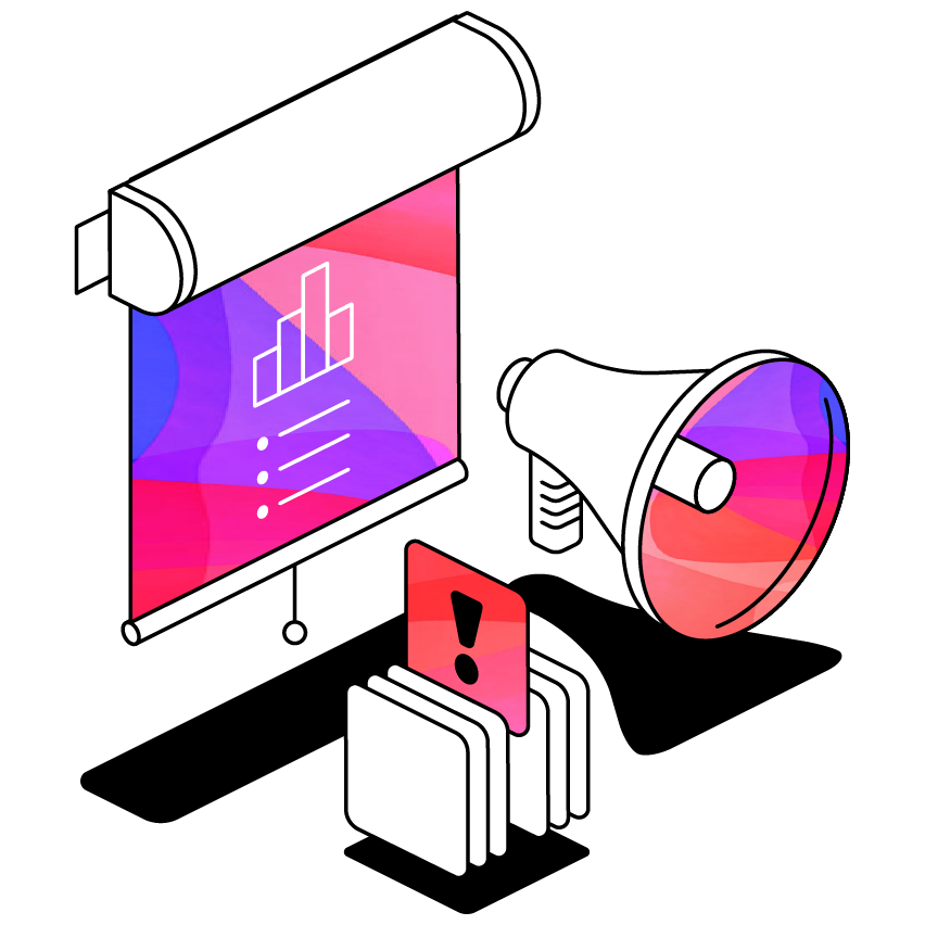 Presentation board next to a megaphone and flashcards