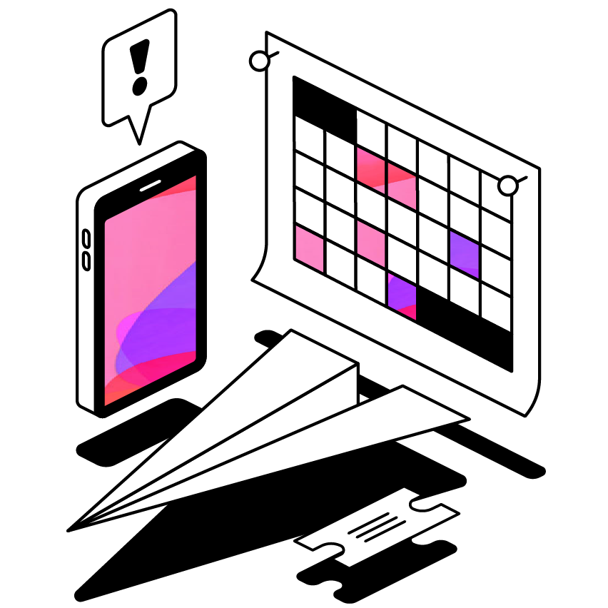 Mobile beside a calendar, paper airplane and ticket
