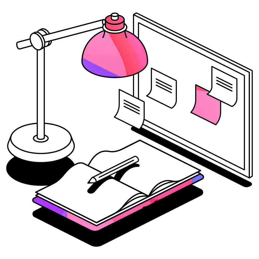 Desk lamp, open book with pen and notices pin board