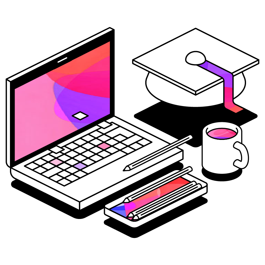 Laptop, graduation cap and pencil case