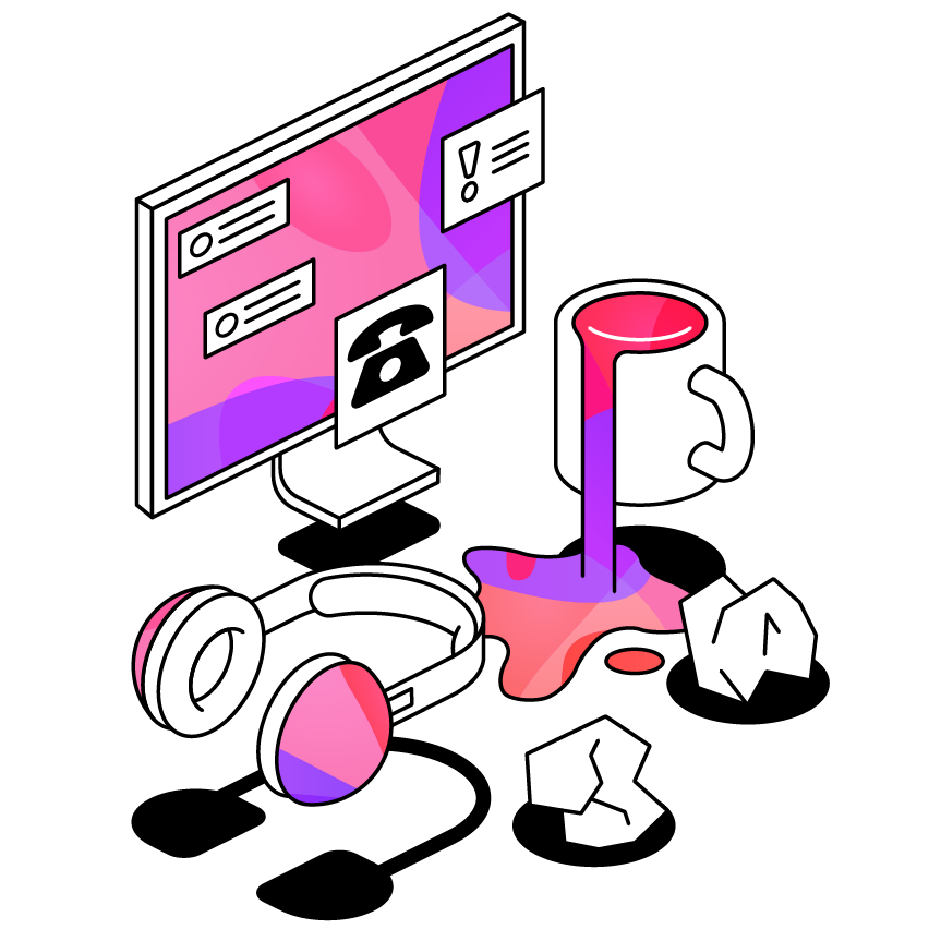 Computer screen next to overfilled coffee mug, headphones and crumpled paper