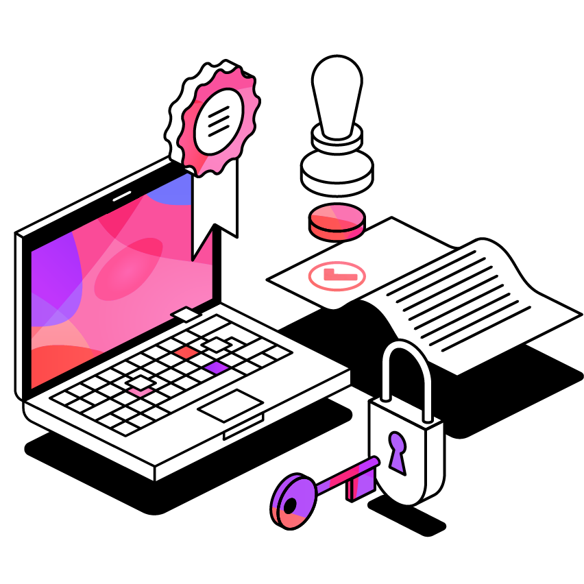 Laptop open, with a rosette pinned to the screen, next to a stamped paper and padlock