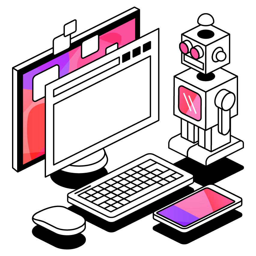 robot next to a computer screen and keyboard