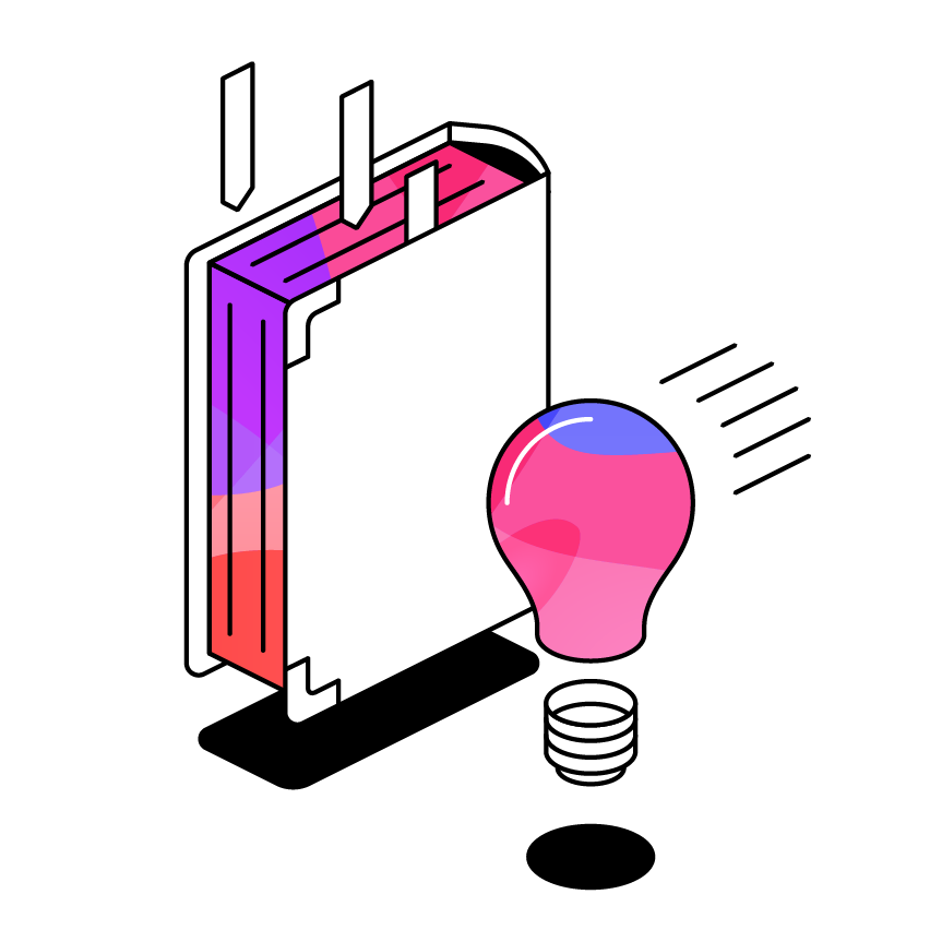 Book with page markers next to lit up bulb