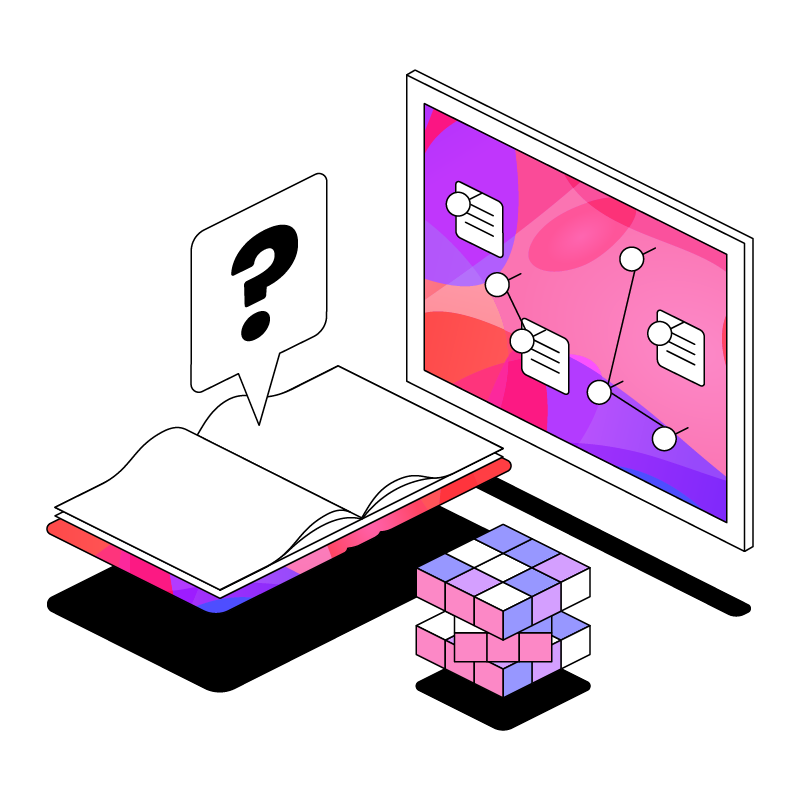 Illustration of a notebook, a magic cube and a noticeboard