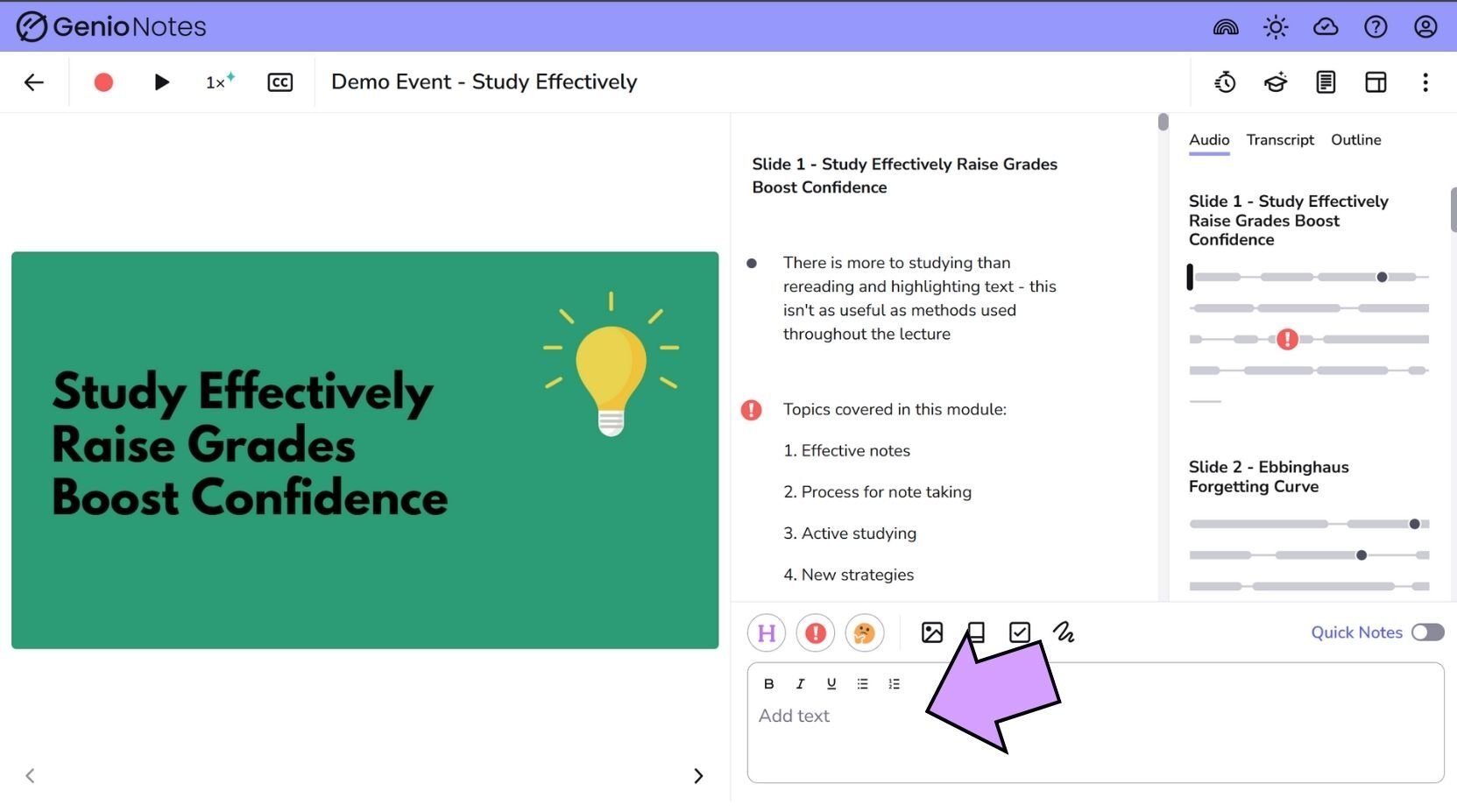 Genio Notes in 1 min - add text notes