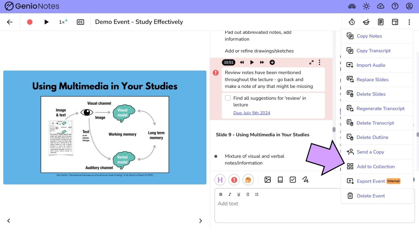Genio Notes in 1 min - add to collection