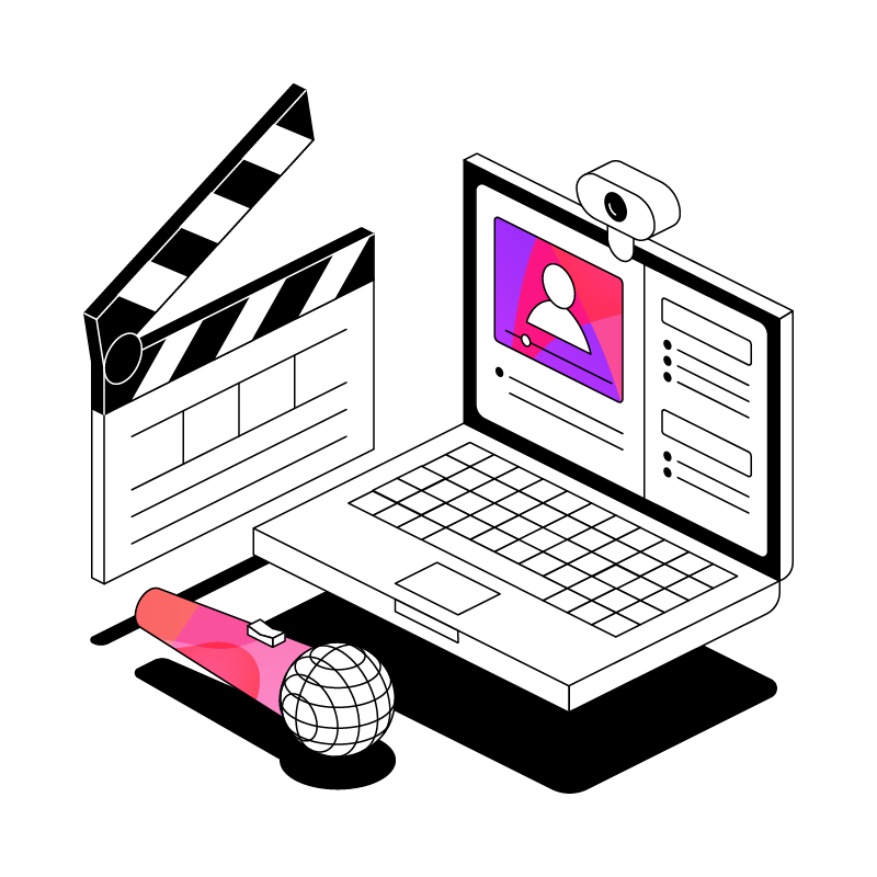 Laptop with presentation on next to microphone and film clapperboard