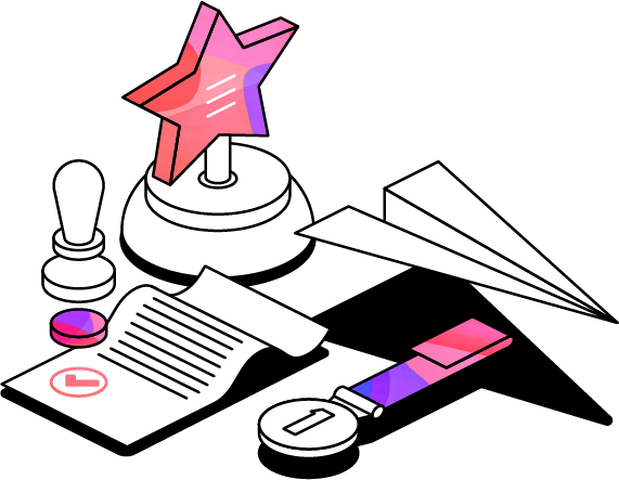Illustration of a trophy, a contract, a medal, and a paper plane