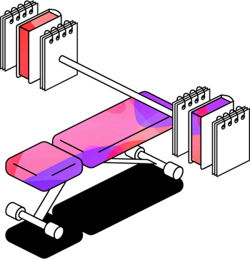 Illustration of a gym bar bench and a barbell with books as weights