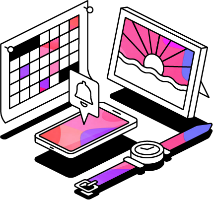 Illustration of a wall calendar, a mobile phone with a notification icon, a photo frame, and a watch