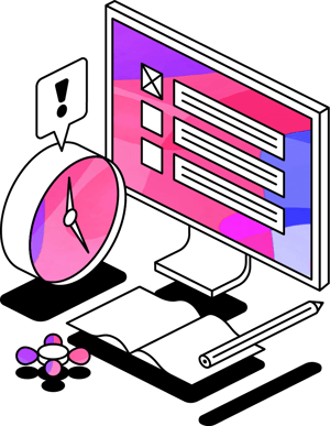 Illustration of a clock, a computer monitor, a notebook, a pencil and a fidget toy