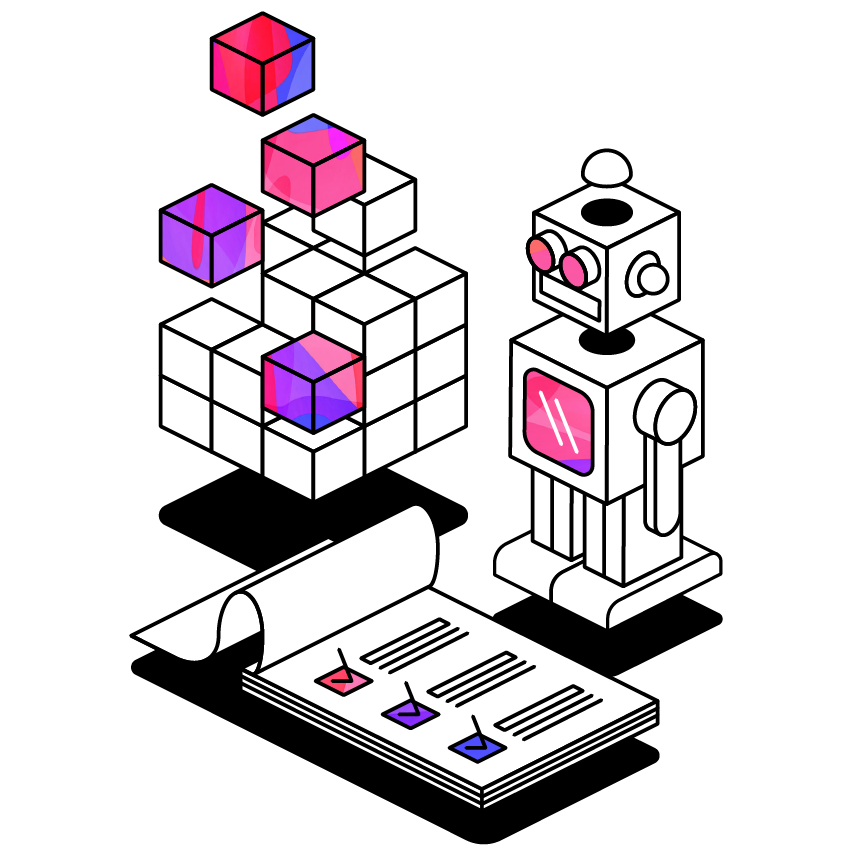 Toy robot next to a to do list and rubik cube