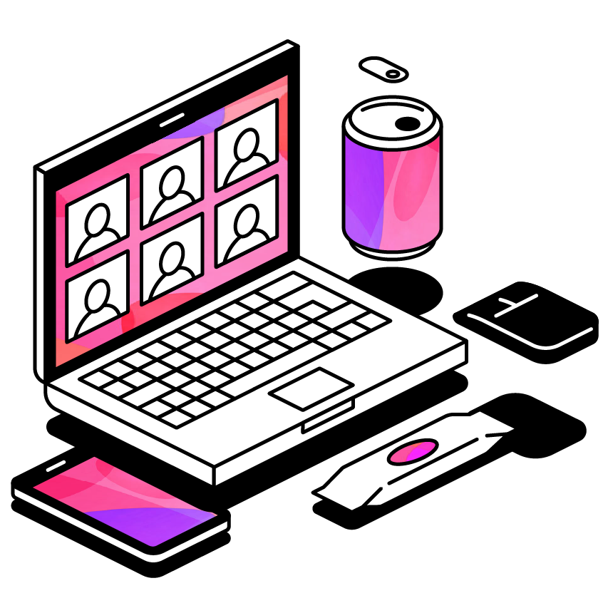 Laptop open on call, beside a soda can, candy bar and phone