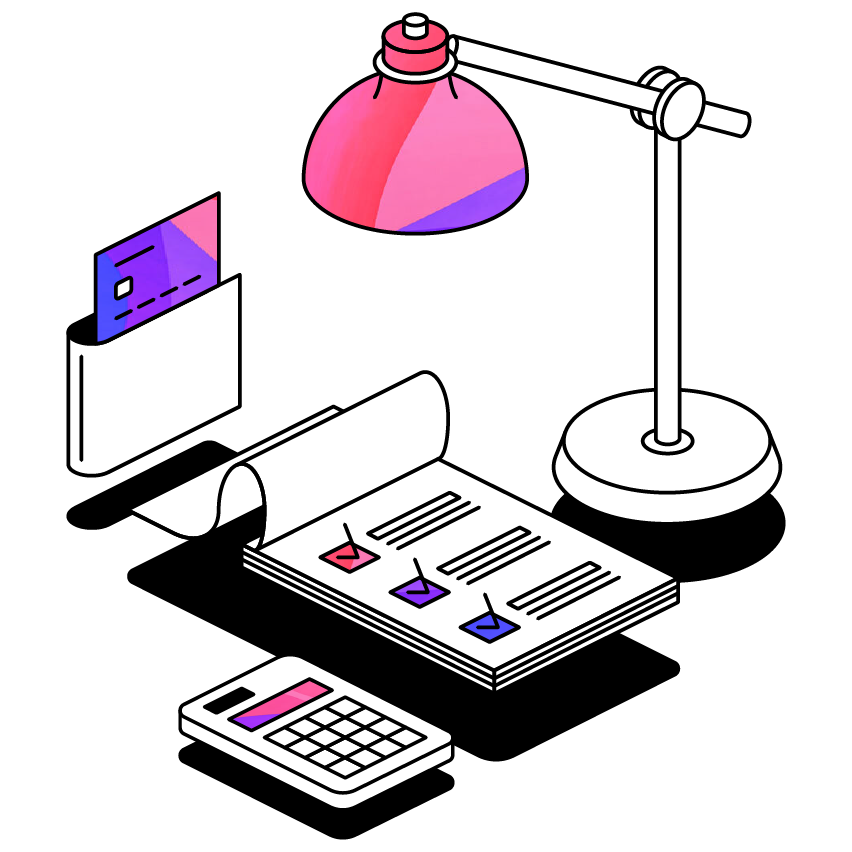 Desk lamp, to do list and calculator