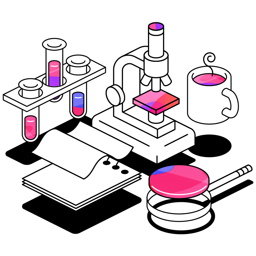 Test tubes in a rack, a microscope, magnifying glass and mug