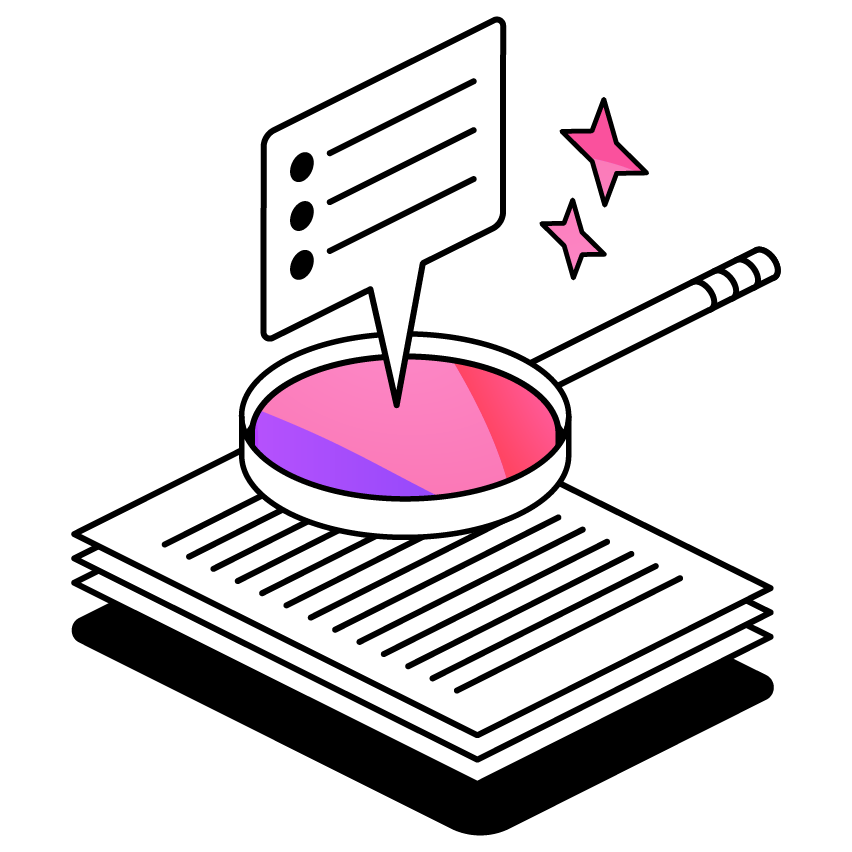 Notebook with magnifying glass, text bubble and stars