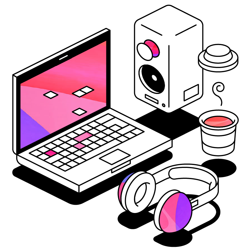 Laptop with headphones and speaker