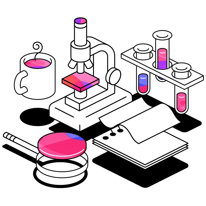 A microscope, test tubes and magnifying glass, beside an open notebook and coffee mug