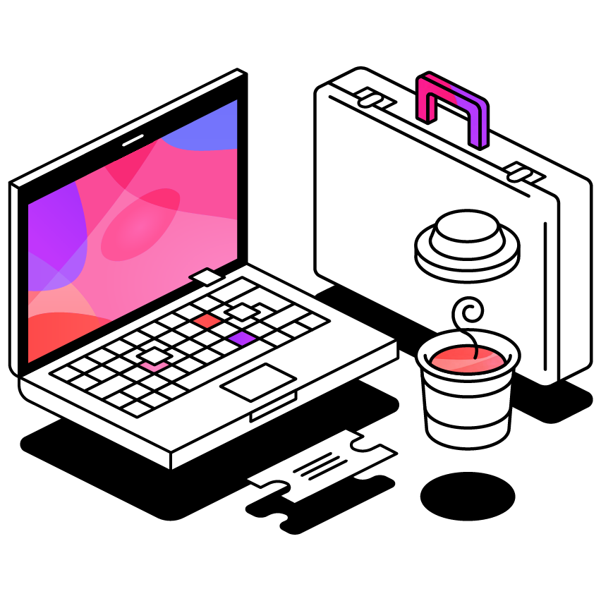 A laptop, briefcase, ticket and coffee cup with floating lid