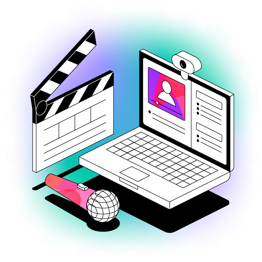 Microphone beside laptop screen showing presentation and clapperboard