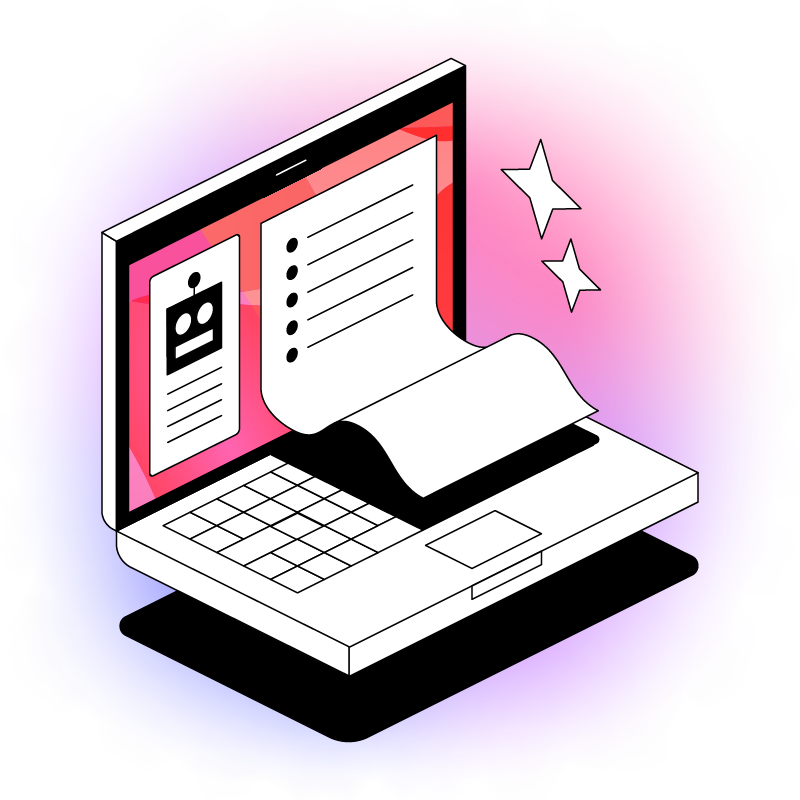 An open laptop with a robot and a set of bullet points coming out of the screen