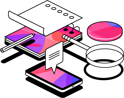 Illustration of a notepad, mobile phone and a magnifying glass