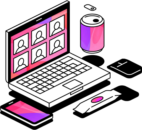 Illustration of a laptop, a mobile phone, and a drinks can