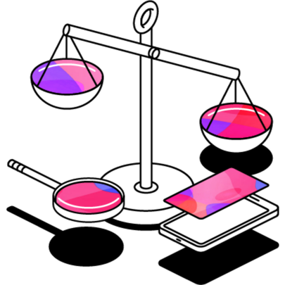 Illustration of balancing scales, a magnifying glass and a mobile phone